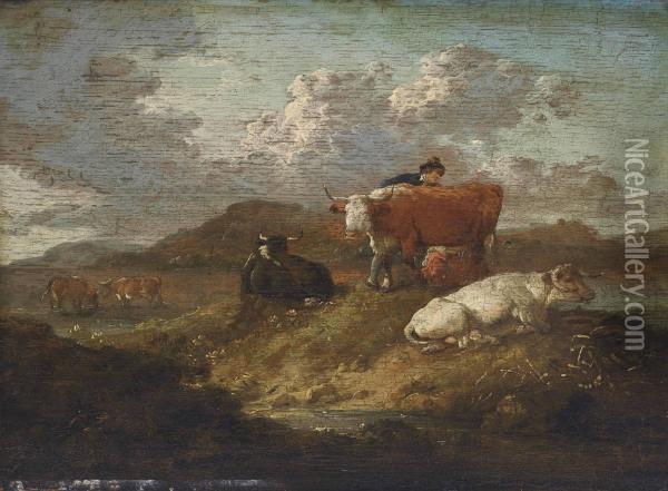 A River Landscape With A Drover And His Cattle On A Shore Oil Painting - Julius Caesar Ibbetson