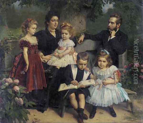 A group portrait of a family in a garden Oil Painting - Eugene Siberdt