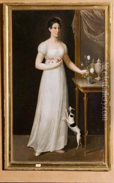 An Elegant Young Lady In A White Dress Holding An Apple Andwhite Rose Oil Painting - Nils Hagelberg