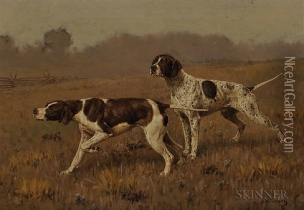 Two Hunting Dogs In A Landscape Oil Painting - John Martin Tracy