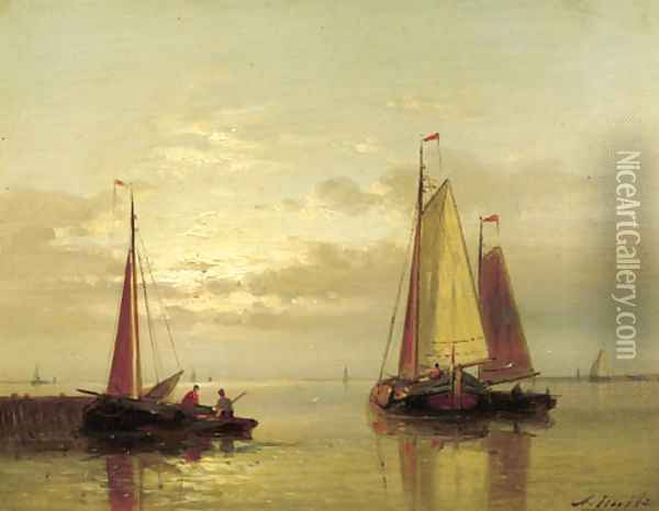 Sailing vessels near a jetty at dusk Oil Painting - Abraham Hulk Jun.
