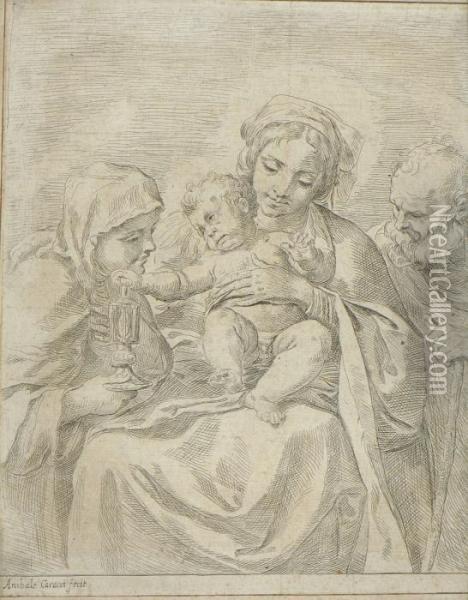 Heilige Familie Mit Der Hl. Clara
 Von Assisi. Oil Painting - Annibale Carracci