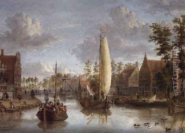 A Canal with barges Oil Painting - Jacobus Storck