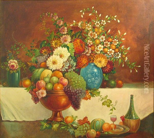 Still Life With Flowers, A Fruit Bowl Andwine Oil Painting - Frederick Gale Goddard