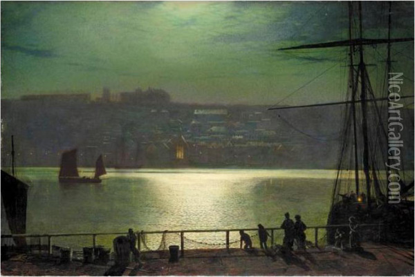 Whitby By Moonlight Oil Painting - John Atkinson Grimshaw