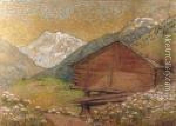 Log Cabin In The Mountains Oil Painting - George Clausen