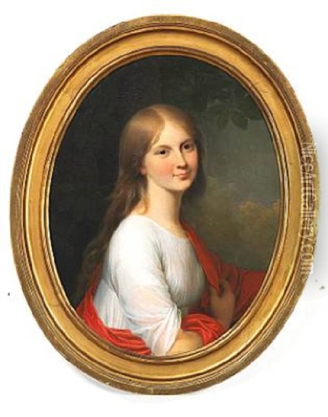 Portrait Of Charlotte Von Bulow, Nee Dollner (1782-1842), In A White Dress With A Red Shawl Oil Painting - Jens Juel