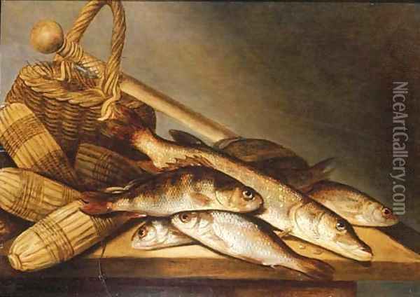 Pike, rudd and perch with fishing-nets and a basket on a wooden ledge Oil Painting - Pieter de Putter