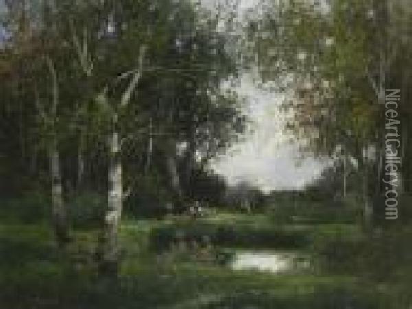 Rastende Reisigsammlerin Am Teich In Baumlandschaft. Oil Painting - Adolf Kaufmann
