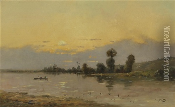 A River View At Sunset With Figures In A Boat Oil Painting - Hippolyte Camille Delpy