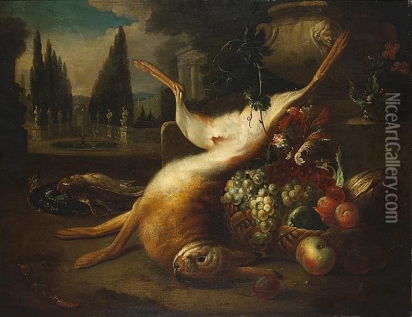 A Still Life With A Dead Hare, Fruit And Other Game In An Elegant Garden Oil Painting - Jan Weenix