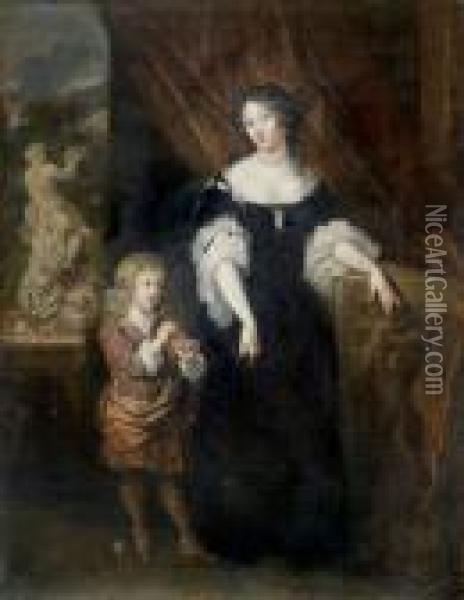 Portrait Presume De La Duchesse De Portland Et De Son Fils Oil Painting - Caspar Netscher