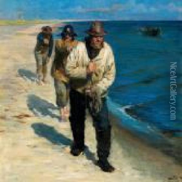 Tre Pa Skagens Sonderstrand 
Bagefter Hverandre Gaaende Fiskere Traekke Langs Bredden En Baad Lidt Ude
 I Vandet Imod Strommen Oil Painting - Peder Severin Kroyer