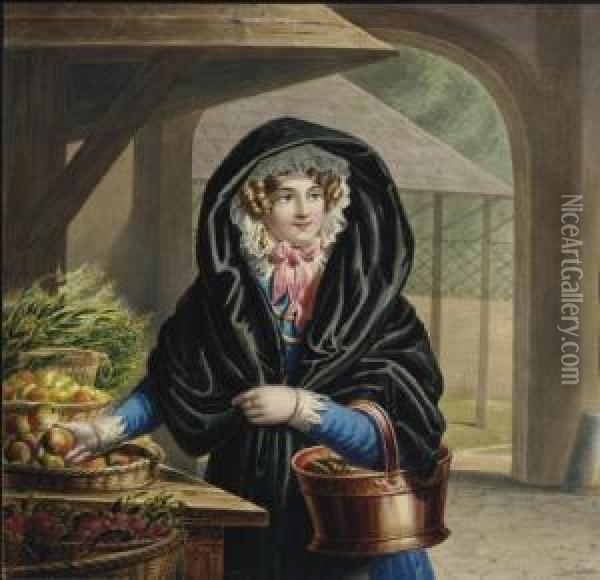 Jeune Femme Vetue D'une Cape Et Tenant Un Panier Rempli De Fruits Et Legumes Oil Painting - Michel Ghislain Stapleaux