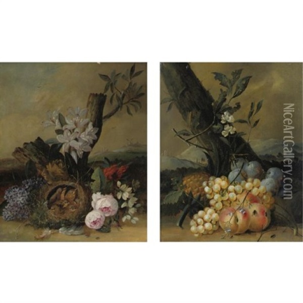 Still Life With Fruit (+ Still Life With Flowers And A Bird's Nest; Pair) Oil Painting - Louis Vidal
