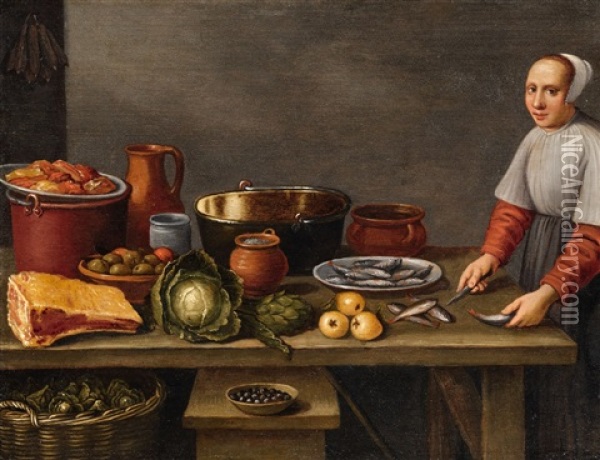 A Small Kitchen Scene Oil Painting - Floris Gerritsz. van Schooten