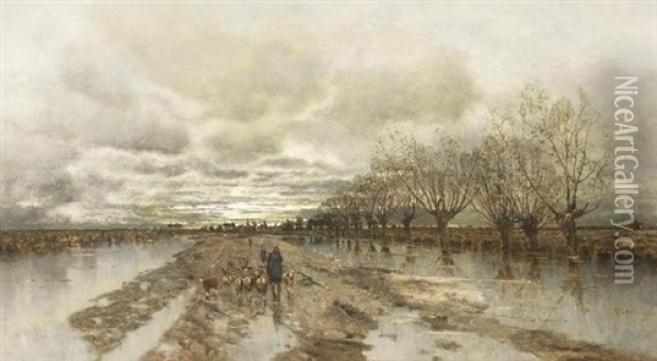 Schafer Mit Seiner Herde In Weiter Verregneter Hollandischer Kanallandschaft Oil Painting - Karl Heffner