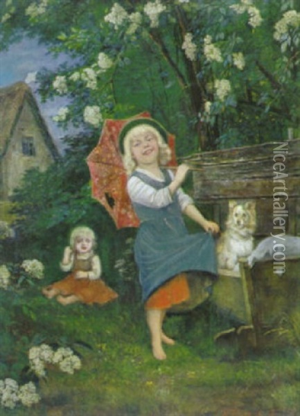 Zwei Spielende Madchen Unter Dem Bluhenden Holunderbusch Oil Painting - Rudolf Hirth Du Frenes