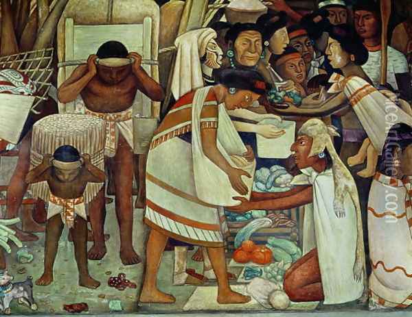 The Great City of Tenochtitlan, detail of a woman selling vegetables, 1945 Oil Painting - Diego Rivera
