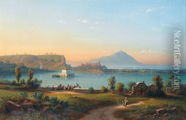 Lago Di Fusaro Mit Der Casina Reale Bei Neapel Oil Painting - Johann-Rudolph Buhlmann