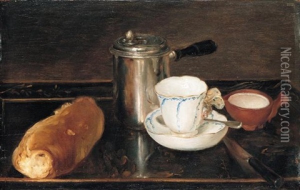 A Still Life Of A Silver Cafetiere With A Vincennes Porcelain Cup And Saucer, A Little Jug Of Milk, A Bread Roll And A Knife On A Tray Oil Painting - Leonard Defrance