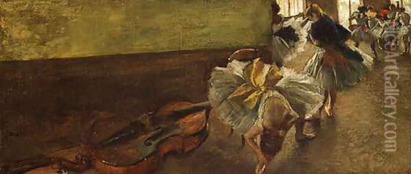Dancers in the Rehearsal Room with a Double Bass Oil Painting - Edgar Degas