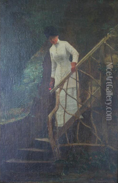 Lady On A Rustic Stair Oil Painting - John Lavery