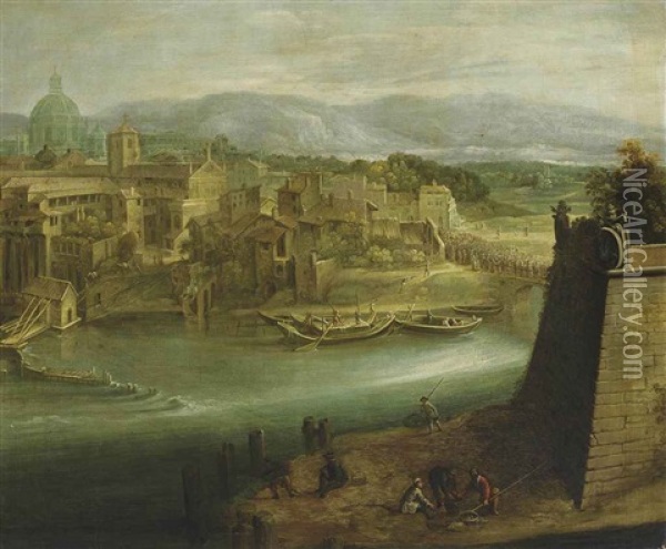 A View Of A Harbour With Figures On A Shore, St. Peter's And The Church Of Santo Spirito In Sassia Beyond Oil Painting - Paul Bril