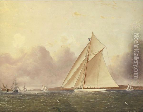 A View Of New York Sound, The 'Volunteer' In The Foreground Oil Painting - James E. Buttersworth