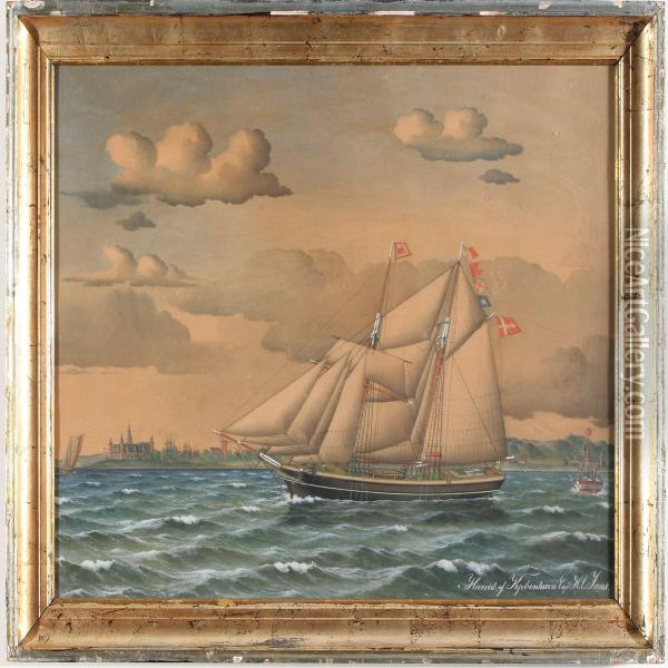 The Schonner Harriet Of Copenhagen Off The Coast Of Kronborg Castle Oil Painting - Jorgan Dahl