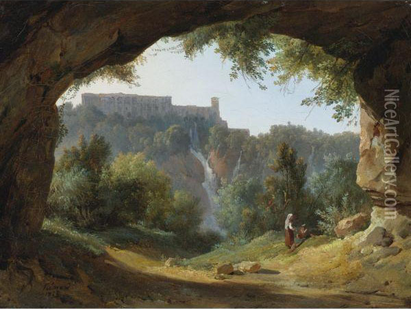 View Of Tivoli From A Grotto Oil Painting - Jean-Charles Joseph Remond