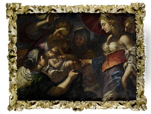 Abraham And The Three Angels (+ The Finding Of Moses; Pair) Oil Painting - Antonio Molinari