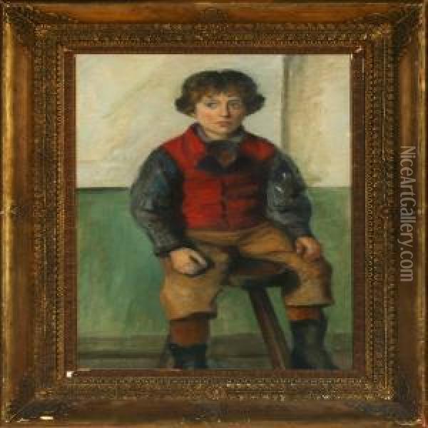 A Boy Wearing A Red Waistcoat Sitting In A Chair Oil Painting - Christian Krohg
