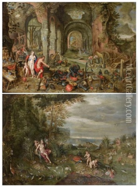 Venus Dans La Forge De Vulcain Ou L'allegorie Du Feu (+ Amphitrite Ou L'allegorie De L'eau; Pair) Oil Painting - Jacob Bouttats