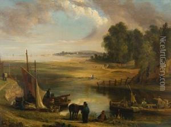 Estuary Landscape With Figures Oil Painting - George Vincent