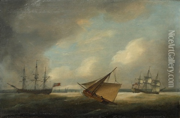 Various Shipping Off A Coastline Oil Painting - Thomas Luny