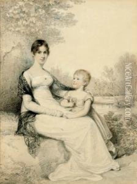 Portrait Of Mrs. Whalley And Her Daughter, Full-length, In A Landscape Oil Painting - Henry Edridge
