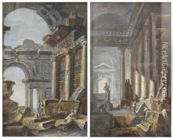 Personnages Dans Des Ruines Antiques - Personnages Admirant Des Ruines Oil Painting - Giovanni Niccolo Servandoni
