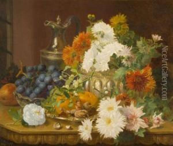 A Still Life Of Chrysanthemums In A Silver Bowl With Ewer, Fruit And Mistletoe Oil Painting - Eloise Harriet Stannard