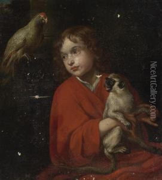 Parrot Watching A Boy Holding A Monkey Oil Painting - Jacob Cornelisz Van Oostsanen