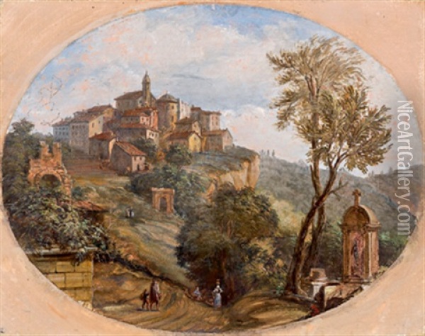 Vista Di Ariccia (+ Vista Di Genzano Di Roma; 2 Works) Oil Painting - Alessio De Marchis