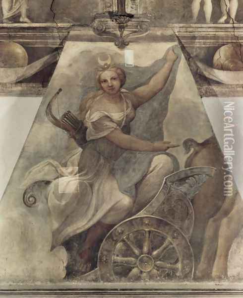 Fresco in Nonnekloser San Paolo in Parma, Diana scene on fire in car Oil Painting - Antonio Allegri da Correggio
