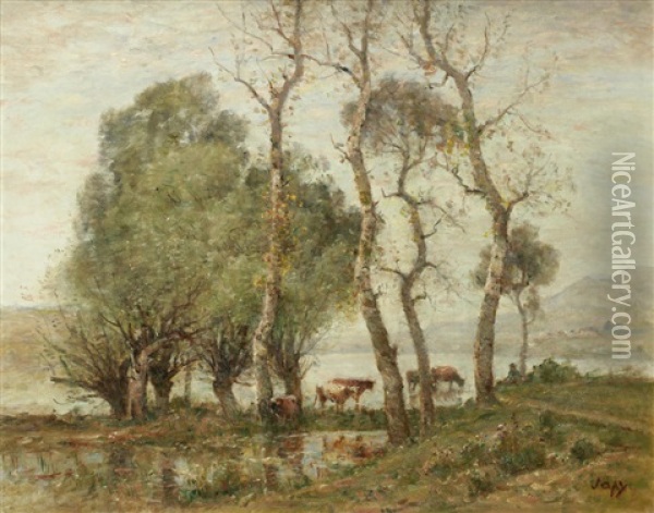 Cows In A Landscape Oil Painting - Louis Aime Japy