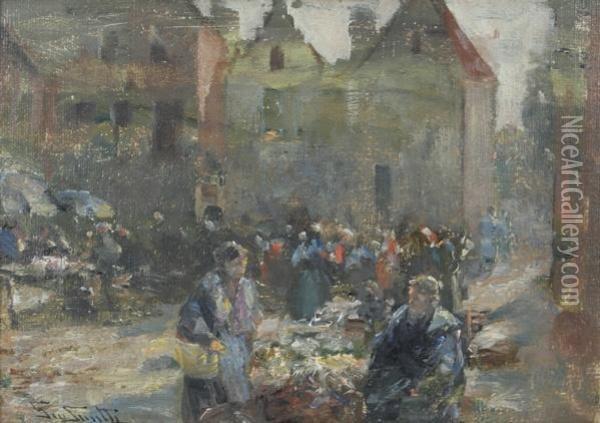 Marktszene In Brugge Oil Painting - George Smith