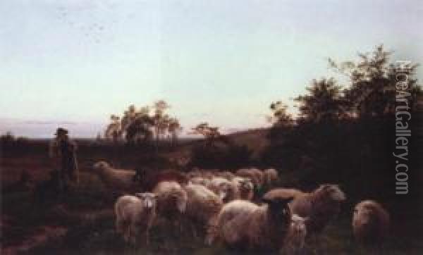 Shepherd With His Flock Oil Painting - Henry William Banks Davis, R.A.
