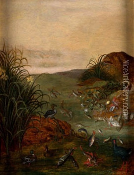 Paisaje Con Aves, Y Peces Oil Painting - Jan van Kessel the Elder