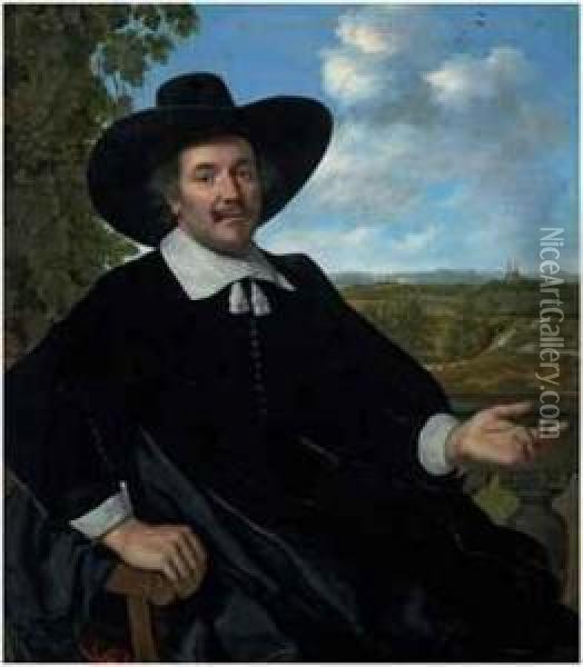 Portrait Of A Gentleman, 
Three-quarter-length, Seated, Before Abalustrade, A Landscape With A 
Country House And A Distant View Ofhaarlem Beyond Oil Painting - Bartholomeus Van Der Helst