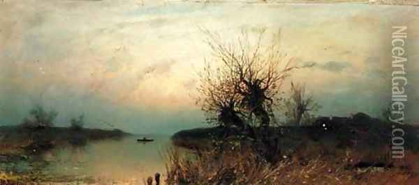 Lone Fisherman at Dusk Oil Painting - Iulii Iul'evich (Julius) Klever
