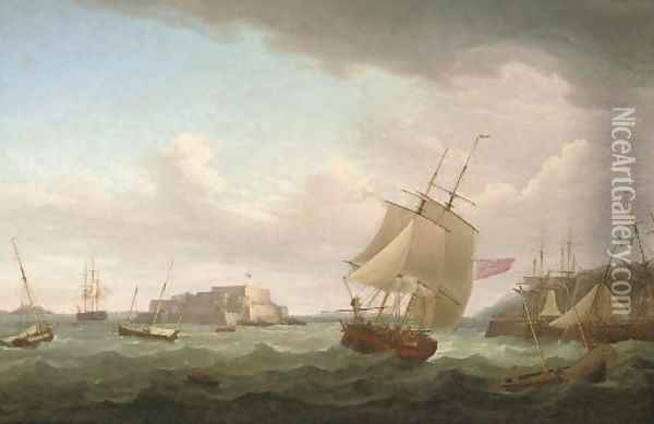 A merchantman and other vessels off Castle Cornet, Guernsey 2 Oil Painting - Thomas Whitcombe