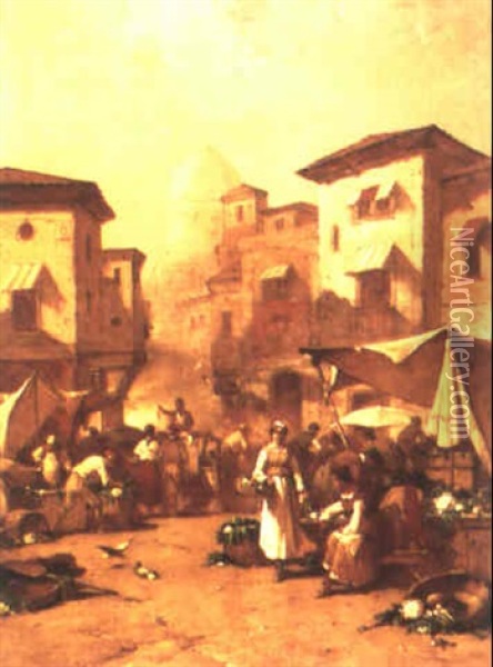 Outdoor Market In Florence Oil Painting - George Washington Nicholson